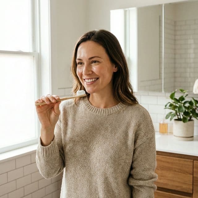 Person smiling confidently while holding a toothbrush