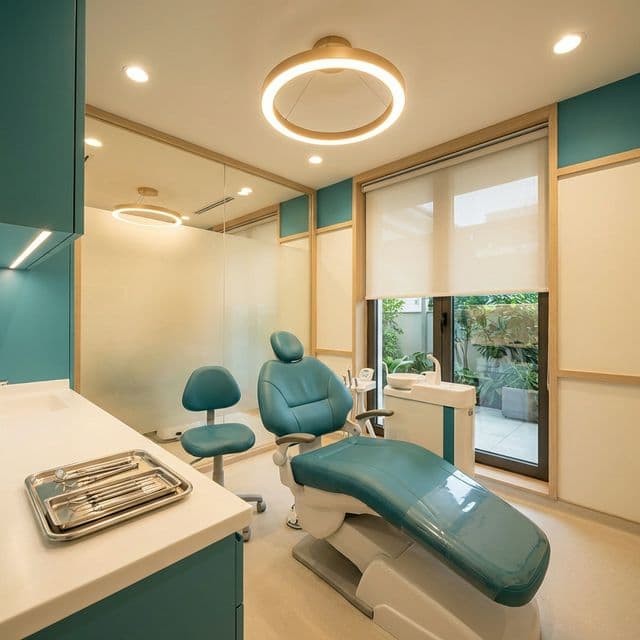 Modern dental treatment room with comfortable chair and instruments
